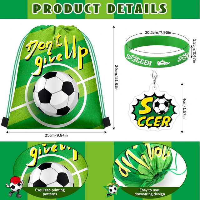 Alt view image 8 of 12 - Talltalk 48 Pcs Soccer Party Favors Gifts Sets Kids Soccer Team Gift 16 Sets Green Goodie Bags Stuffers Drawstring Backpack Candy Snack Bag Motivational Wristband Keychains Birthday Party Supply Decor
