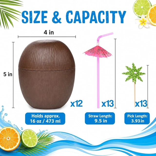 Alt view image 9 of 14 - Haundry 12 Coconut Cups with 12 Straws and 12 Cocktail Drink Picks, Hawaiian Luau Tiki and Beach Party Decorations for Kids and Adults