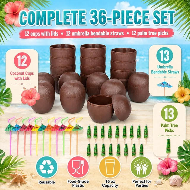 Alt view image 10 of 14 - Haundry 12 Coconut Cups with 12 Straws and 12 Cocktail Drink Picks, Hawaiian Luau Tiki and Beach Party Decorations for Kids and Adults
