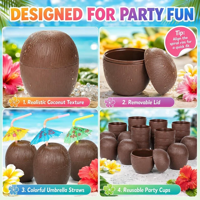 Alt view image 12 of 14 - Haundry 12 Coconut Cups with 12 Straws and 12 Cocktail Drink Picks, Hawaiian Luau Tiki and Beach Party Decorations for Kids and Adults