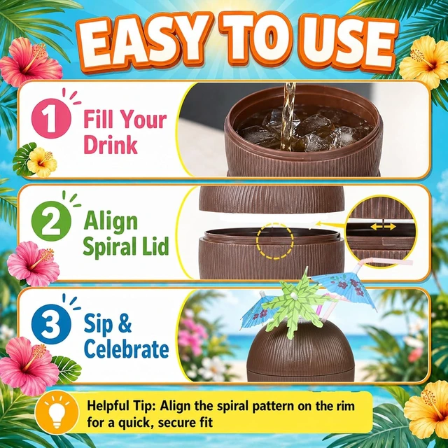 Alt view image 13 of 14 - Haundry 12 Coconut Cups with 12 Straws and 12 Cocktail Drink Picks, Hawaiian Luau Tiki and Beach Party Decorations for Kids and Adults