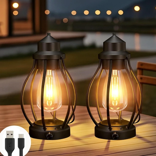 Alt view image 8 of 14 - pearlstar 2Pack Rechargeable Camping Lanterns Battery Operated Hanging Lamps Outdoor Indoor, USB-C Charge/6h Timer, Dimming Edison Bulb Light Waterproof for Table Patio Garden Yard Porch Decor&Gift