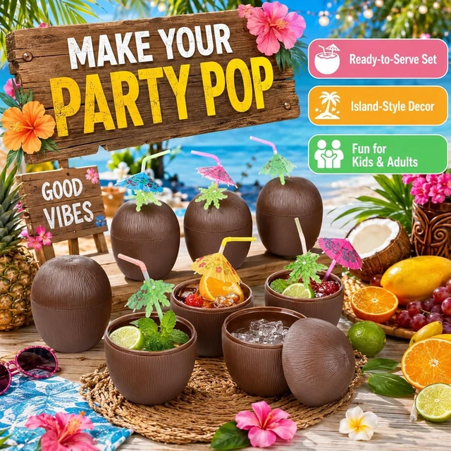 Alt view image 11 of 14 - Haundry 12 Coconut Cups with 12 Straws and 12 Cocktail Drink Picks, Hawaiian Luau Tiki and Beach Party Decorations for Kids and Adults