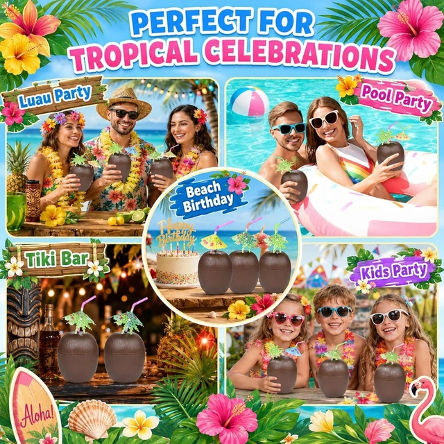 Alt view image 14 of 14 - Haundry 12 Coconut Cups with 12 Straws and 12 Cocktail Drink Picks, Hawaiian Luau Tiki and Beach Party Decorations for Kids and Adults
