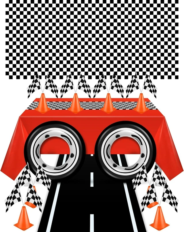 Alt view image 7 of 12 - 29 Pcs Race Car Birthday Party Supplies, Include 2 Plastic Table Cloth, Black Race Track Running Mat, 16 Checkered Flag, 8 Orange Traffic Cones, 2 Tire Tube Swim Ring for Racing Theme Party Decoration
