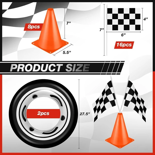 Alt view image 8 of 12 - 29 Pcs Race Car Birthday Party Supplies, Include 2 Plastic Table Cloth, Black Race Track Running Mat, 16 Checkered Flag, 8 Orange Traffic Cones, 2 Tire Tube Swim Ring for Racing Theme Party Decoration