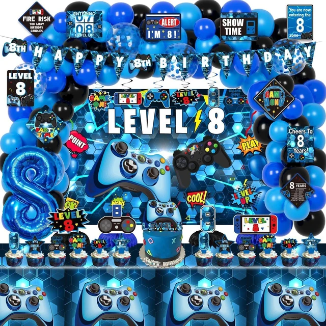Alt view image 8 of 14 - KOTLMIGHT 8th Birthday Decorations for Boys, 148Pcs Blue Video Game level 8 Party Supplies for Boy 8th Birthday - Backdrop, Banner, Balloons, Tablecloth, Centerpieces, Hanging Swirls, Wall Signs