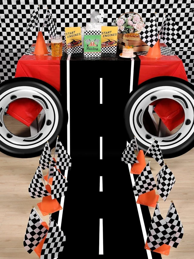 Alt view image 11 of 12 - 29 Pcs Race Car Birthday Party Supplies, Include 2 Plastic Table Cloth, Black Race Track Running Mat, 16 Checkered Flag, 8 Orange Traffic Cones, 2 Tire Tube Swim Ring for Racing Theme Party Decoration