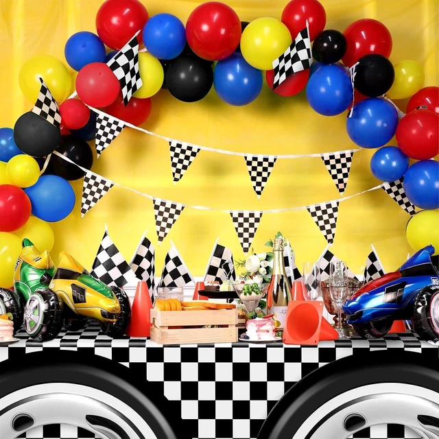 Alt view image 12 of 12 - 29 Pcs Race Car Birthday Party Supplies, Include 2 Plastic Table Cloth, Black Race Track Running Mat, 16 Checkered Flag, 8 Orange Traffic Cones, 2 Tire Tube Swim Ring for Racing Theme Party Decoration