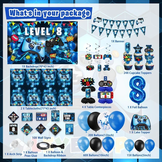 Alt view image 9 of 14 - KOTLMIGHT 8th Birthday Decorations for Boys, 148Pcs Blue Video Game level 8 Party Supplies for Boy 8th Birthday - Backdrop, Banner, Balloons, Tablecloth, Centerpieces, Hanging Swirls, Wall Signs
