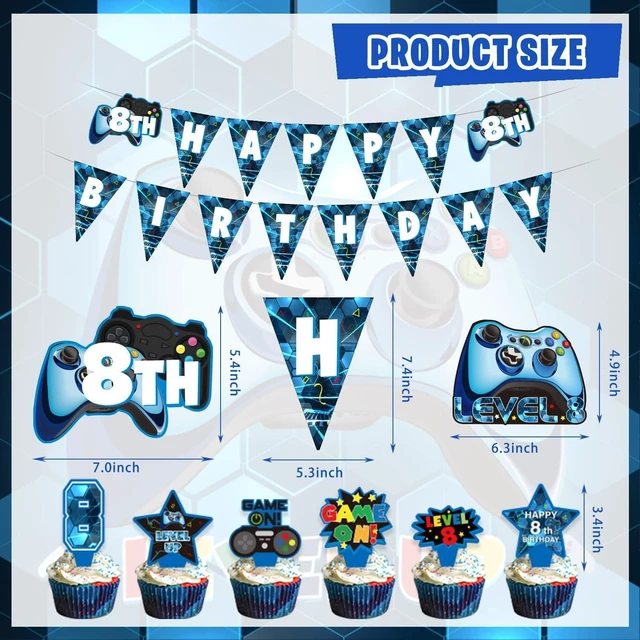 Alt view image 10 of 14 - KOTLMIGHT 8th Birthday Decorations for Boys, 148Pcs Blue Video Game level 8 Party Supplies for Boy 8th Birthday - Backdrop, Banner, Balloons, Tablecloth, Centerpieces, Hanging Swirls, Wall Signs