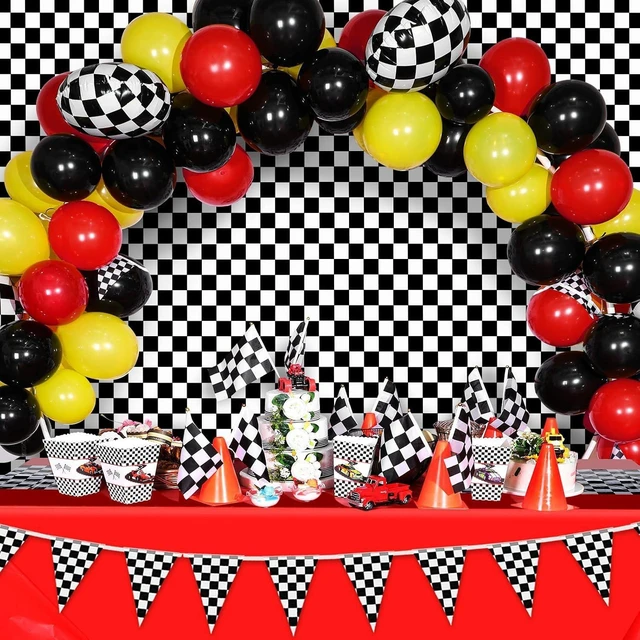Alt view image 10 of 12 - 29 Pcs Race Car Birthday Party Supplies, Include 2 Plastic Table Cloth, Black Race Track Running Mat, 16 Checkered Flag, 8 Orange Traffic Cones, 2 Tire Tube Swim Ring for Racing Theme Party Decoration