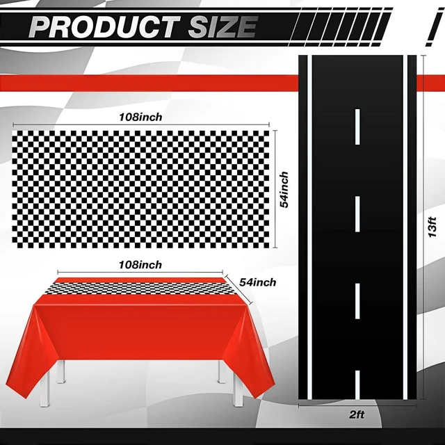 Alt view image 9 of 12 - 29 Pcs Race Car Birthday Party Supplies, Include 2 Plastic Table Cloth, Black Race Track Running Mat, 16 Checkered Flag, 8 Orange Traffic Cones, 2 Tire Tube Swim Ring for Racing Theme Party Decoration