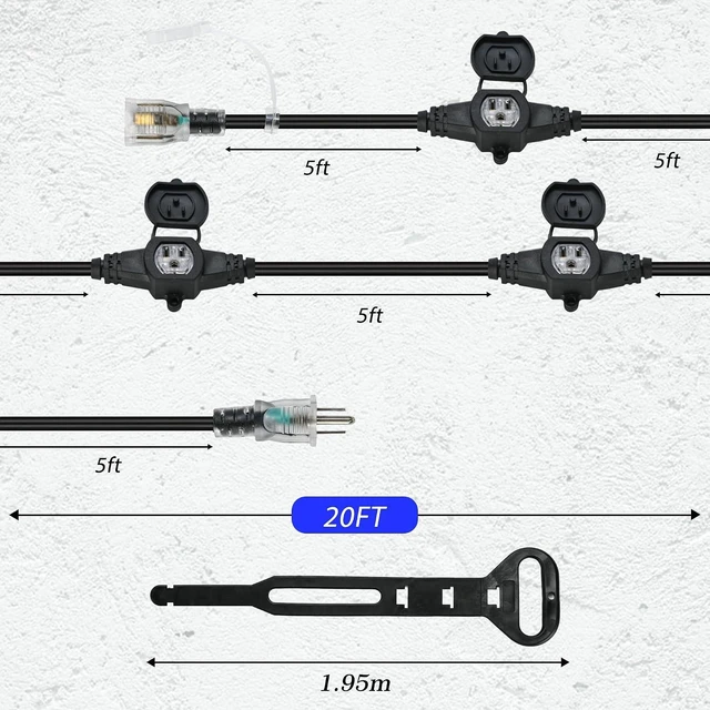 Alt view image 9 of 14 - 20FT 16 Gauge Multi-Outlet Outdoor Extension Cord, 4 Evenly Spaced Weatherproof Outlets, Great for Stage Backdrops, Landscape Garden Lighting, Christmas Decorations ETL