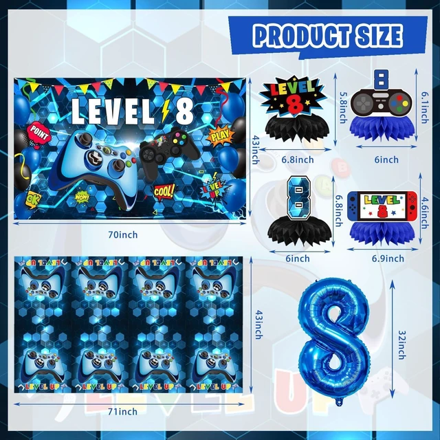 Alt view image 11 of 14 - KOTLMIGHT 8th Birthday Decorations for Boys, 148Pcs Blue Video Game level 8 Party Supplies for Boy 8th Birthday - Backdrop, Banner, Balloons, Tablecloth, Centerpieces, Hanging Swirls, Wall Signs