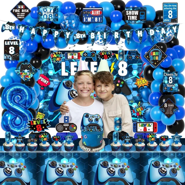 Alt view image 13 of 14 - KOTLMIGHT 8th Birthday Decorations for Boys, 148Pcs Blue Video Game level 8 Party Supplies for Boy 8th Birthday - Backdrop, Banner, Balloons, Tablecloth, Centerpieces, Hanging Swirls, Wall Signs