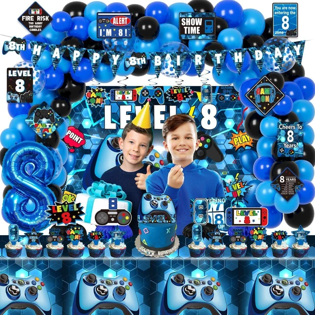 Alt view image 14 of 14 - KOTLMIGHT 8th Birthday Decorations for Boys, 148Pcs Blue Video Game level 8 Party Supplies for Boy 8th Birthday - Backdrop, Banner, Balloons, Tablecloth, Centerpieces, Hanging Swirls, Wall Signs