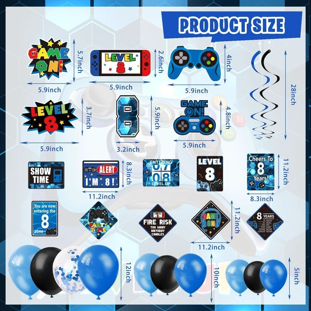 Alt view image 12 of 14 - KOTLMIGHT 8th Birthday Decorations for Boys, 148Pcs Blue Video Game level 8 Party Supplies for Boy 8th Birthday - Backdrop, Banner, Balloons, Tablecloth, Centerpieces, Hanging Swirls, Wall Signs