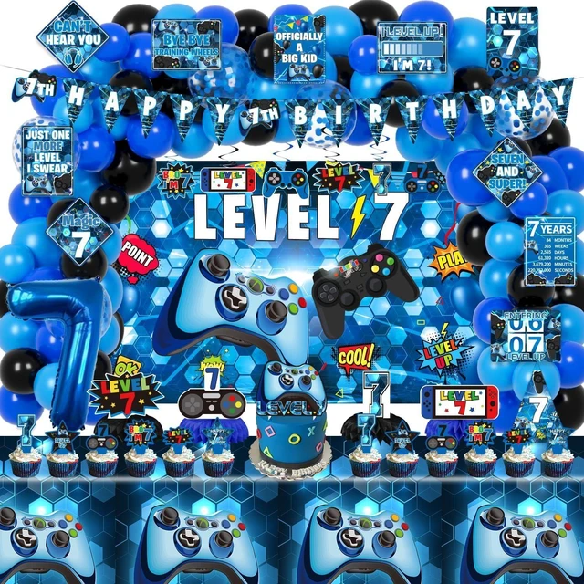 Alt view image 8 of 14 - KOTLMIGHT 7th Birthday Decorations for Boys, 149Pcs Blue Video Game level 7 Party Supplies for Boy 7th Birthday - Backdrop, Banner, Balloons, Tablecloth, Centerpieces, Hanging Swirls, Wall Signs