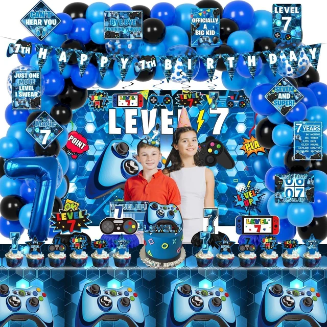 Alt view image 14 of 14 - KOTLMIGHT 7th Birthday Decorations for Boys, 149Pcs Blue Video Game level 7 Party Supplies for Boy 7th Birthday - Backdrop, Banner, Balloons, Tablecloth, Centerpieces, Hanging Swirls, Wall Signs