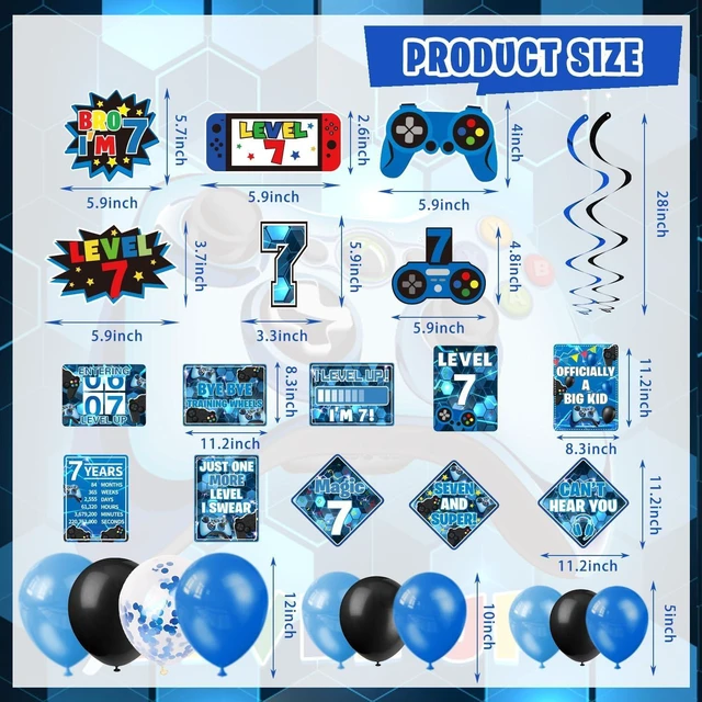Alt view image 12 of 14 - KOTLMIGHT 7th Birthday Decorations for Boys, 149Pcs Blue Video Game level 7 Party Supplies for Boy 7th Birthday - Backdrop, Banner, Balloons, Tablecloth, Centerpieces, Hanging Swirls, Wall Signs