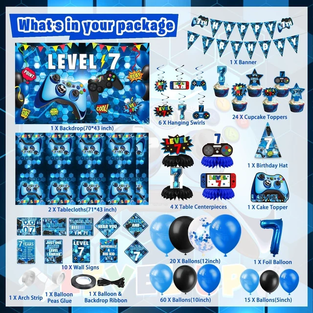 Alt view image 9 of 14 - KOTLMIGHT 7th Birthday Decorations for Boys, 149Pcs Blue Video Game level 7 Party Supplies for Boy 7th Birthday - Backdrop, Banner, Balloons, Tablecloth, Centerpieces, Hanging Swirls, Wall Signs