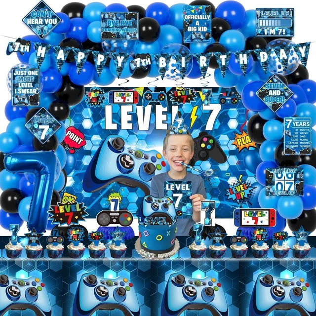 Alt view image 13 of 14 - KOTLMIGHT 7th Birthday Decorations for Boys, 149Pcs Blue Video Game level 7 Party Supplies for Boy 7th Birthday - Backdrop, Banner, Balloons, Tablecloth, Centerpieces, Hanging Swirls, Wall Signs