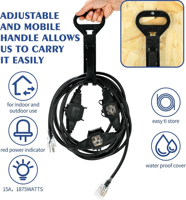 Alt view image 13 of 14 - 20FT 16 Gauge Multi-Outlet Outdoor Extension Cord, 4 Evenly Spaced Weatherproof Outlets, Great for Stage Backdrops, Landscape Garden Lighting, Christmas Decorations ETL