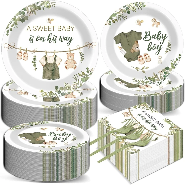 Alt view image 8 of 14 - 200Pcs Greenery Baby Shower Plates and Napkins Decoration Sage Green Party Tableware Dinnerware Set A Sweet Baby Is On His Way Paper Plates for Baby Gender Reveal Party Supplies Serves 50
