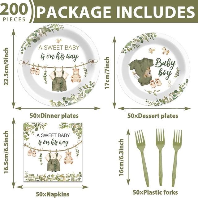Alt view image 9 of 14 - 200Pcs Greenery Baby Shower Plates and Napkins Decoration Sage Green Party Tableware Dinnerware Set A Sweet Baby Is On His Way Paper Plates for Baby Gender Reveal Party Supplies Serves 50