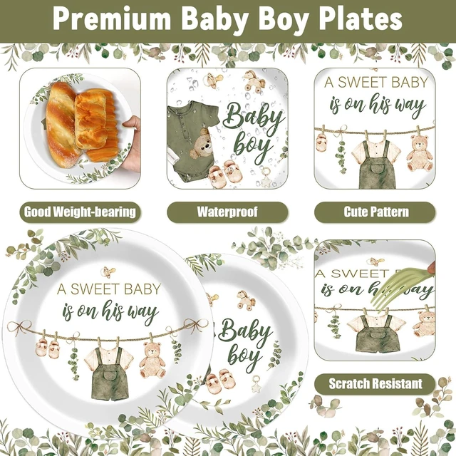 Alt view image 10 of 14 - 200Pcs Greenery Baby Shower Plates and Napkins Decoration Sage Green Party Tableware Dinnerware Set A Sweet Baby Is On His Way Paper Plates for Baby Gender Reveal Party Supplies Serves 50