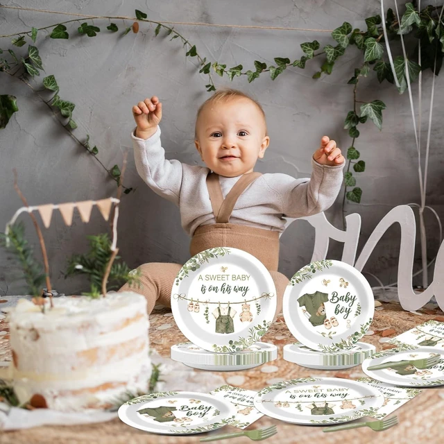 Alt view image 12 of 14 - 200Pcs Greenery Baby Shower Plates and Napkins Decoration Sage Green Party Tableware Dinnerware Set A Sweet Baby Is On His Way Paper Plates for Baby Gender Reveal Party Supplies Serves 50