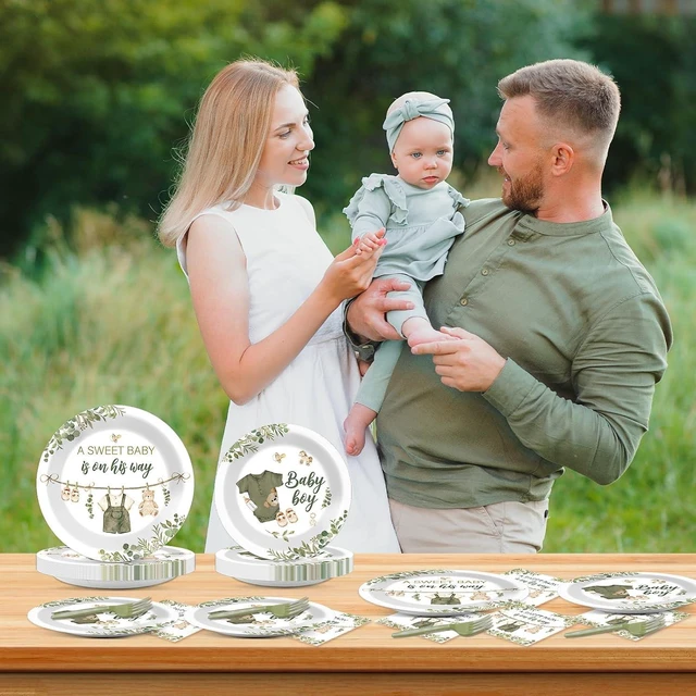 Alt view image 13 of 14 - 200Pcs Greenery Baby Shower Plates and Napkins Decoration Sage Green Party Tableware Dinnerware Set A Sweet Baby Is On His Way Paper Plates for Baby Gender Reveal Party Supplies Serves 50