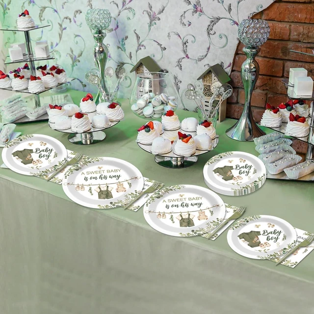 Alt view image 14 of 14 - 200Pcs Greenery Baby Shower Plates and Napkins Decoration Sage Green Party Tableware Dinnerware Set A Sweet Baby Is On His Way Paper Plates for Baby Gender Reveal Party Supplies Serves 50