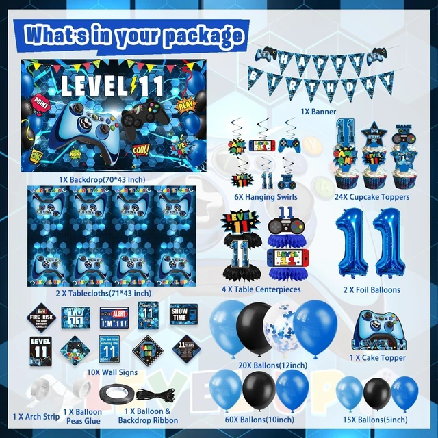 Alt view image 9 of 14 - KOTLMIGHT 11th Birthday Decorations for Boys, 149Pcs Blue Video Game level 11 Party Supplies for Boy 11th Birthday - Backdrop, Banner, Balloons, Tablecloth, Centerpieces, Hanging Swirls, Wall Signs