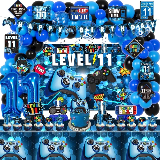 Alt view image 8 of 14 - KOTLMIGHT 11th Birthday Decorations for Boys, 149Pcs Blue Video Game level 11 Party Supplies for Boy 11th Birthday - Backdrop, Banner, Balloons, Tablecloth, Centerpieces, Hanging Swirls, Wall Signs