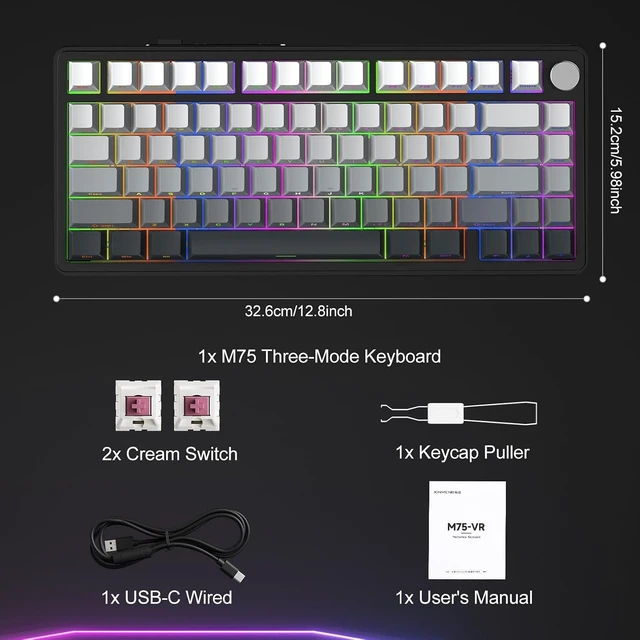 Alt view image 14 of 14 - CC MALL M75 Mechanical Keyboard,75% Gasket Hot Swappable,RGB Backlit,Side Printed PBT Keycaps,2.4Ghz/Bluetooth/USB-C Gaming Keyboards (White and Black)