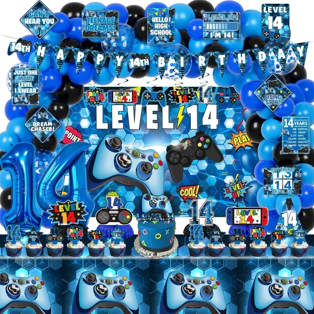 Alt view image 8 of 14 - KOTLMIGHT 14th Birthday Decorations for Boys, 150Pcs Blue Video Game level 14 Party Supplies for Boy 14th Birthday - Backdrop, Banner, Balloons, Tablecloth, Centerpieces, Hanging Swirls, Wall Signs