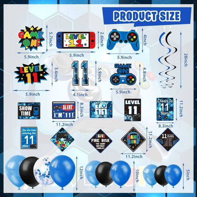 Alt view image 12 of 14 - KOTLMIGHT 11th Birthday Decorations for Boys, 149Pcs Blue Video Game level 11 Party Supplies for Boy 11th Birthday - Backdrop, Banner, Balloons, Tablecloth, Centerpieces, Hanging Swirls, Wall Signs