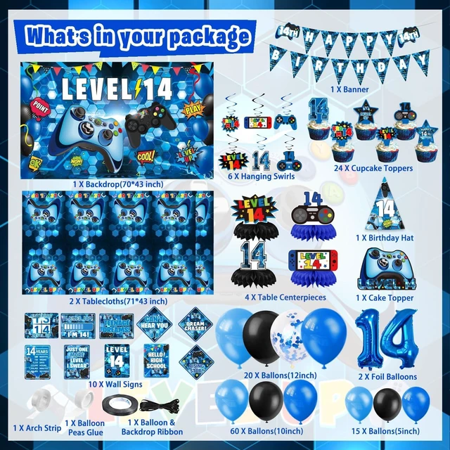 Alt view image 9 of 14 - KOTLMIGHT 14th Birthday Decorations for Boys, 150Pcs Blue Video Game level 14 Party Supplies for Boy 14th Birthday - Backdrop, Banner, Balloons, Tablecloth, Centerpieces, Hanging Swirls, Wall Signs