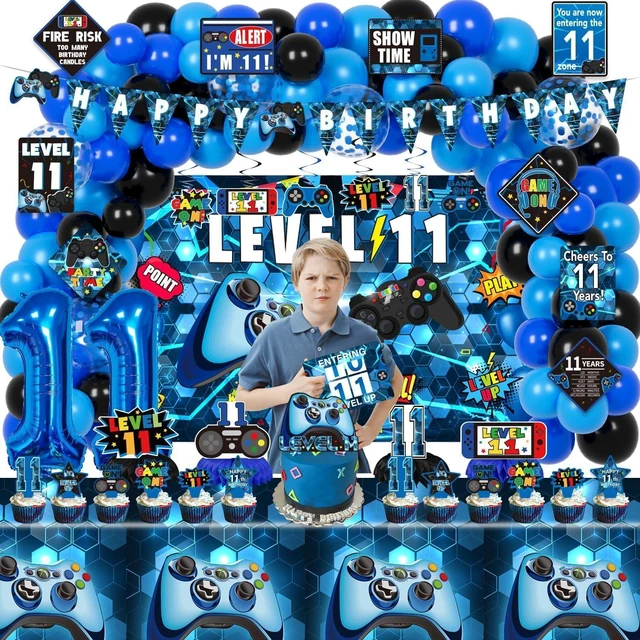 Alt view image 14 of 14 - KOTLMIGHT 11th Birthday Decorations for Boys, 149Pcs Blue Video Game level 11 Party Supplies for Boy 11th Birthday - Backdrop, Banner, Balloons, Tablecloth, Centerpieces, Hanging Swirls, Wall Signs