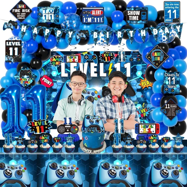Alt view image 13 of 14 - KOTLMIGHT 11th Birthday Decorations for Boys, 149Pcs Blue Video Game level 11 Party Supplies for Boy 11th Birthday - Backdrop, Banner, Balloons, Tablecloth, Centerpieces, Hanging Swirls, Wall Signs