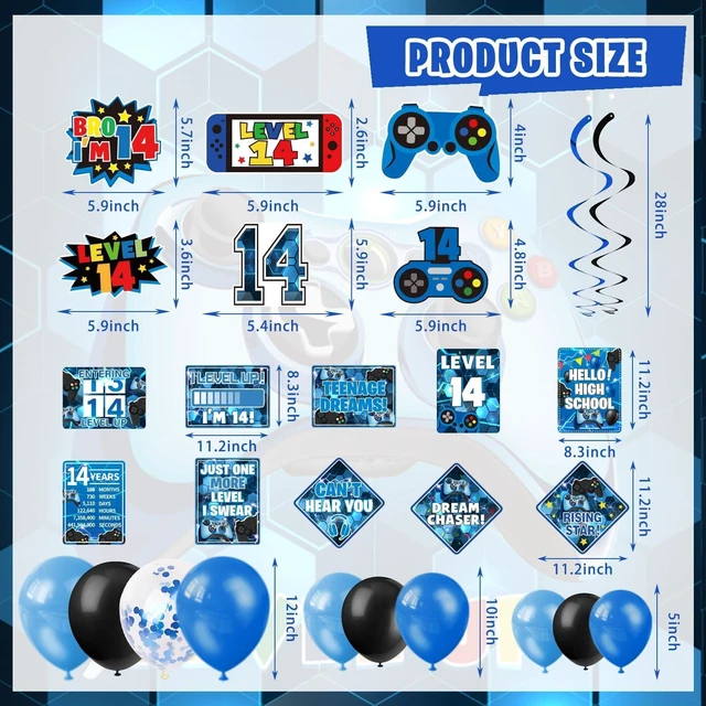 Alt view image 12 of 14 - KOTLMIGHT 14th Birthday Decorations for Boys, 150Pcs Blue Video Game level 14 Party Supplies for Boy 14th Birthday - Backdrop, Banner, Balloons, Tablecloth, Centerpieces, Hanging Swirls, Wall Signs