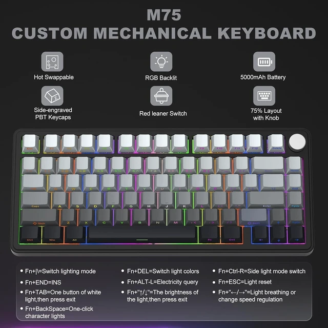 Alt view image 13 of 14 - CC MALL M75 Mechanical Keyboard,75% Gasket Hot Swappable,RGB Backlit,Side Printed PBT Keycaps,2.4Ghz/Bluetooth/USB-C Gaming Keyboards (White and Black)