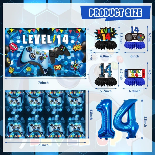 Alt view image 11 of 14 - KOTLMIGHT 14th Birthday Decorations for Boys, 150Pcs Blue Video Game level 14 Party Supplies for Boy 14th Birthday - Backdrop, Banner, Balloons, Tablecloth, Centerpieces, Hanging Swirls, Wall Signs