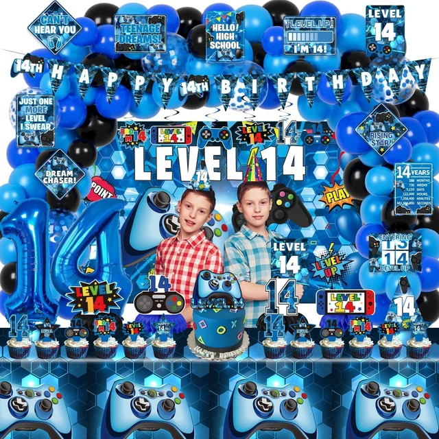 Alt view image 13 of 14 - KOTLMIGHT 14th Birthday Decorations for Boys, 150Pcs Blue Video Game level 14 Party Supplies for Boy 14th Birthday - Backdrop, Banner, Balloons, Tablecloth, Centerpieces, Hanging Swirls, Wall Signs
