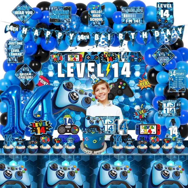 Alt view image 14 of 14 - KOTLMIGHT 14th Birthday Decorations for Boys, 150Pcs Blue Video Game level 14 Party Supplies for Boy 14th Birthday - Backdrop, Banner, Balloons, Tablecloth, Centerpieces, Hanging Swirls, Wall Signs