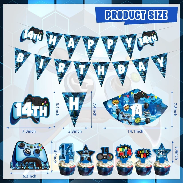 Alt view image 10 of 14 - KOTLMIGHT 14th Birthday Decorations for Boys, 150Pcs Blue Video Game level 14 Party Supplies for Boy 14th Birthday - Backdrop, Banner, Balloons, Tablecloth, Centerpieces, Hanging Swirls, Wall Signs