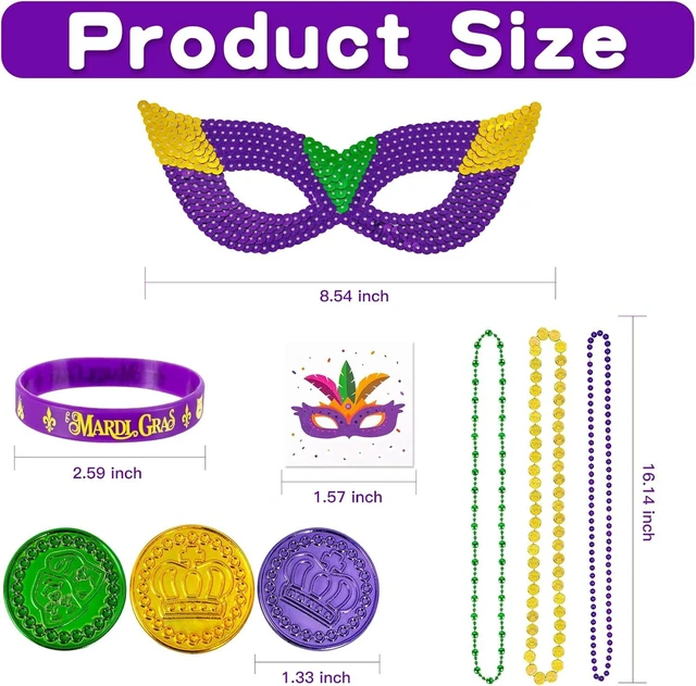 Alt view image 10 of 14 - MGparty 216 PCS Mardi Gras Accessories - Masks Beads Necklaces Coins Tattoos Bracelets Carnival Parade Masquerade Party Decorations Supplies
