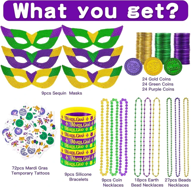 Alt view image 9 of 14 - MGparty 216 PCS Mardi Gras Accessories - Masks Beads Necklaces Coins Tattoos Bracelets Carnival Parade Masquerade Party Decorations Supplies